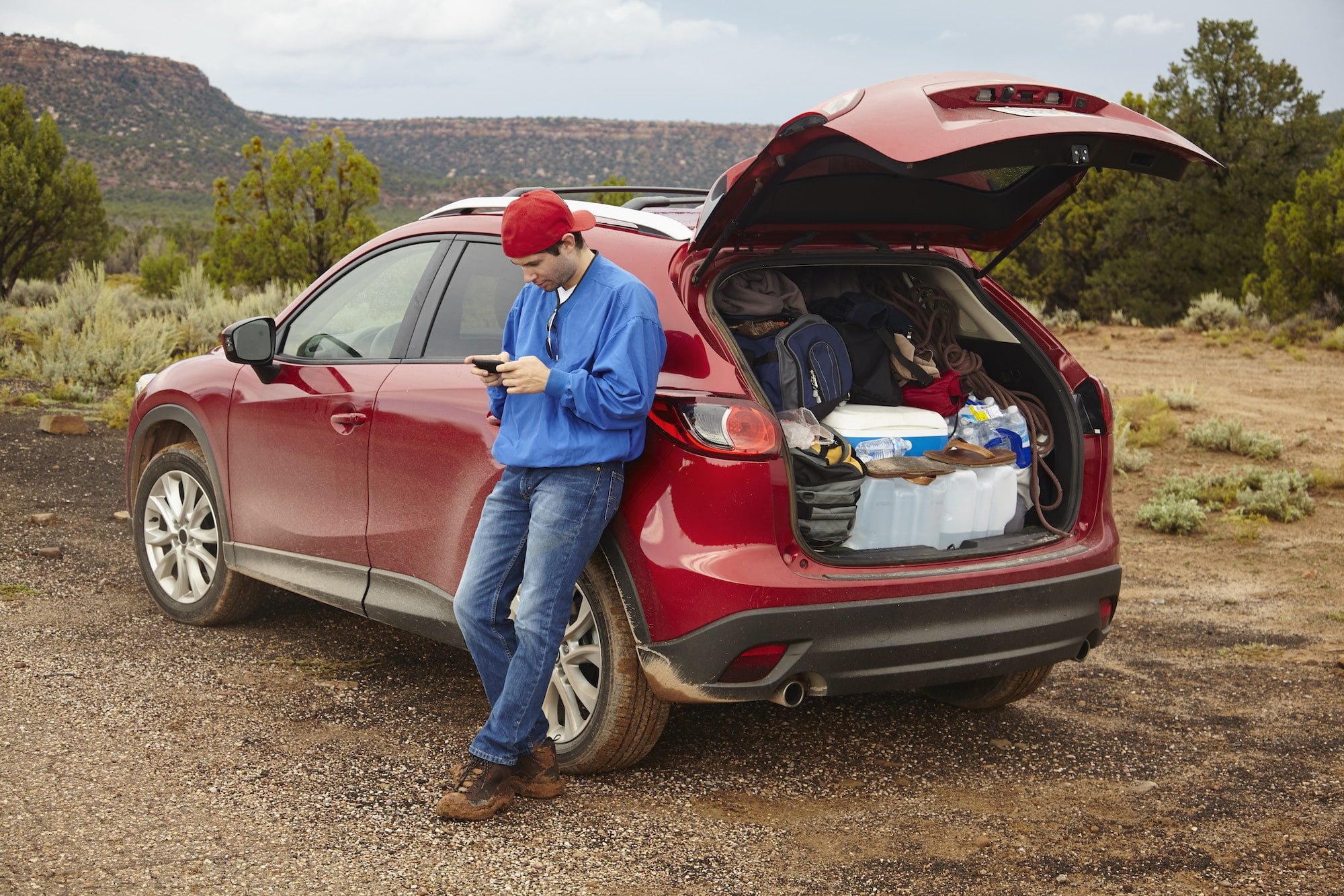 Man Using Smartphone Beside Car, Zion, Utah, Usa