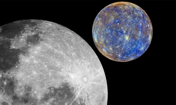 Representação Artística Da Conjunção Entre A Lua E Mercúrio. Crédito: Claudio Caridi - Spaceweather (Fundo). Montagem: Olhar Digital
