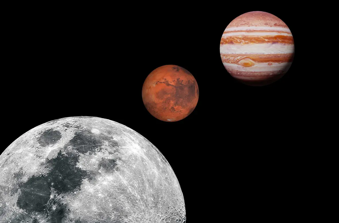 Representação Artística Da Lua Em Conjunção Com Marte E Jupiter. Créditos: Grey Zone (Lua); Pike-28 (Marte); Dotted Yeti (Júpiter) - Via Shutterstock. Edição: Olhar Digital