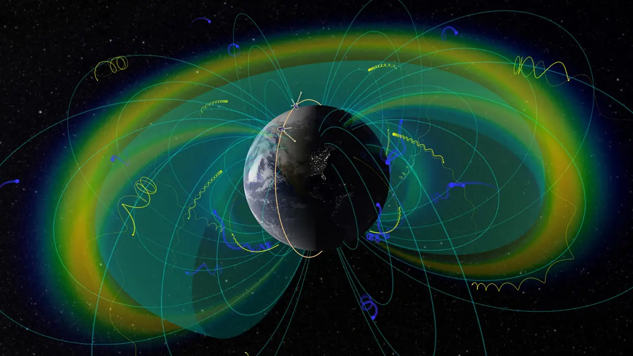 Conceito Artístico Mostrando Como Linhas De Campo Magnético Em Torno Da Terra(Em Azul) Podem Prender Partículas Carregadas (Em Amarelo). Crédito: Ucla Epss /Nasa Svs