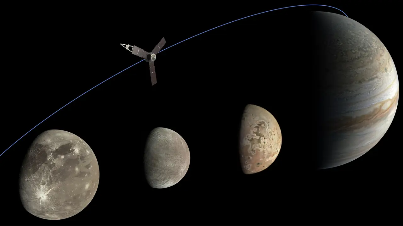 Ilustração Fotográfica Criada A Partir De Dados Coletados Pelo Gerador Deimagens Da Juno (Da Esquerda Para A Direita: Ganimedes, Europa, Io E Júpiter)(Imagem: Nasa/Jpl-Caltech/Swri/Msss; Processamento De Imagem: Kevin M. Gill [Ccby]/Thomas Thomopoulos [Cc By])